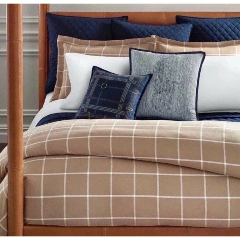 Ralph Lauren Modern Equestrian Windowpane Duvet FULL/QUEEN Camel Tan NWT $500